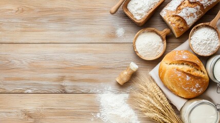 Rustic wooden table with fresh bread, flour, milk, and wheat showcasing home baking ingredients and culinary creativity