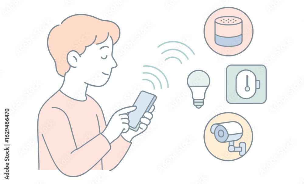 Poster person using smartphone to control smart home devices in minimalistic line art style