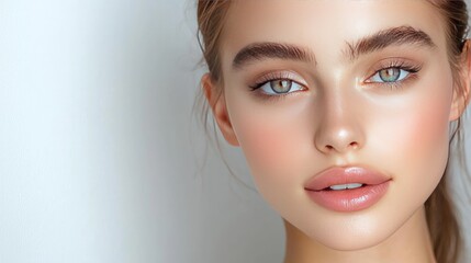 Fototapeta premium Close-Up Portrait of a Young Woman with Natural Makeup and Clear Skin, Emphasizing Beautiful Features and Soft Lighting