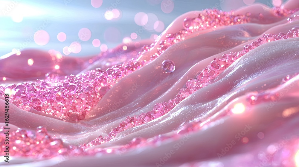 Poster shimmering pink fluid with bubbles and light reflections in abstract background