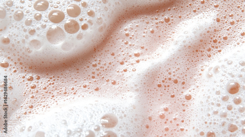 Poster close-up view of bubbles and foam on surface of light pink liquid with soft light reflection