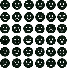 Grid of Hand Drawn Black and White Emoji Faces Expressing Different Emotions