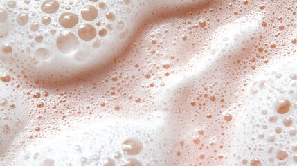 Close-Up View of Bubbles and Foam on Surface of Light Pink Liquid with Soft Light Reflection