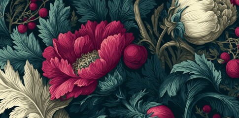 The design features an intricate vintage floral pattern set against a dark background, complete with dark blue, red, and green leaves and flowers