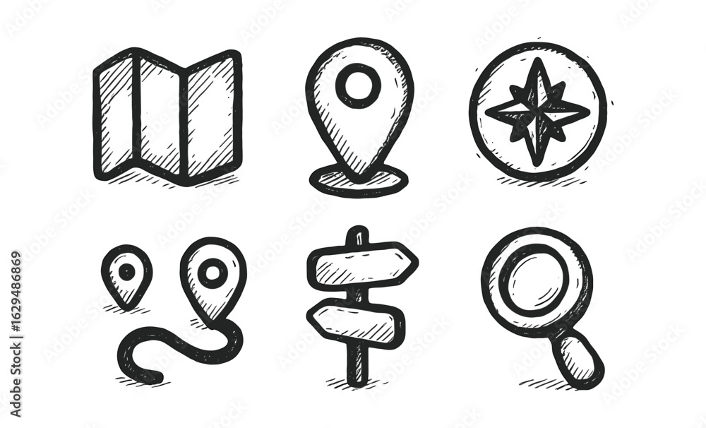Poster hand-drawn navigation icons with compass and map for travel and location