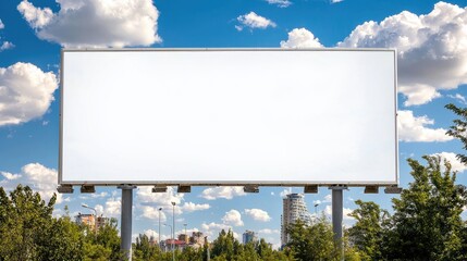 Vast Empty Billboard Under Bright Blue Sky Surrounded by Lush Green Trees and Urban Landscape