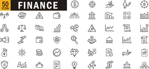 Finance editable outline icon set. Banking, money, investment, accounting, profit, business and more.