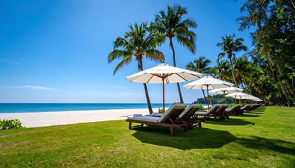 Tropical beach scene with lounge chairs and umbrellas