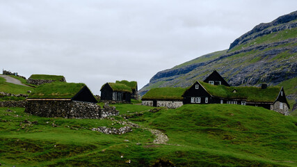 Historic grass-roofed houses nestled in the lush landscapes of the Faroe Islands