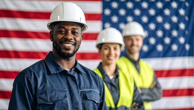 Three smiling construction workers pose before a large American flag