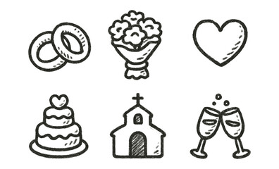 Hand-drawn wedding icons featuring rings, cake, and flowers