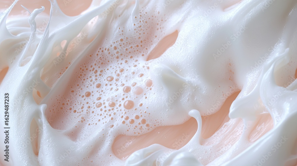 Aufkleber close-up of whipped cream texture with light peach background and soft bubbles in creamy swirl form