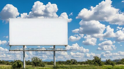 Empty Billboard in Vast Open Field Under Blue Sky with Puffy Clouds and Green Grass Landscape