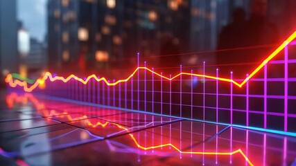 Neon graph reflecting on wet urban surface footage - Powered by Adobe