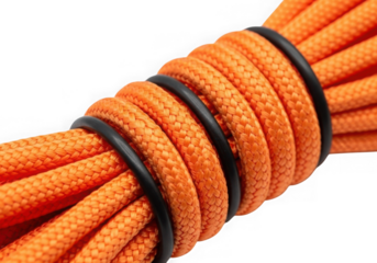 Close up of a tightly wound orange nylon rope secured with black bands offering strength and durability isolated on transparent background
