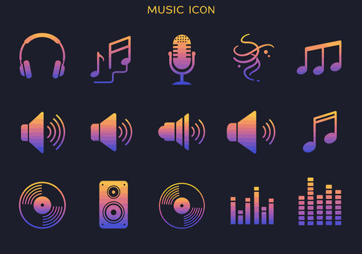 Vibrant gradient music icon set with colorful audio fx elements for graphic design projects. Vector illustration of sound symbols on a dark background.
