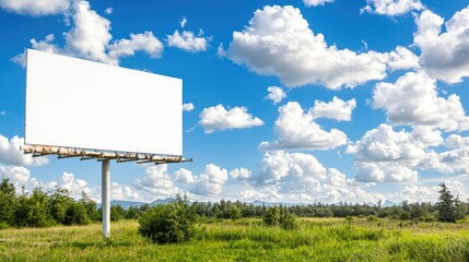 Expansive Landscape with Blank Billboard Under Bright Blue Sky and Fluffy Clouds