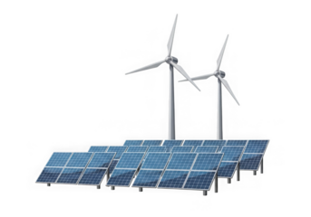Solar panels and wind turbines generating clean and renewable energy as a sustainable alternative to fossil fuels isolated on transparent background