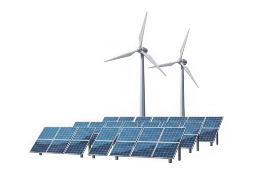 Solar panels and wind turbines generating clean and renewable energy as a sustainable alternative to fossil fuels isolated on transparent background