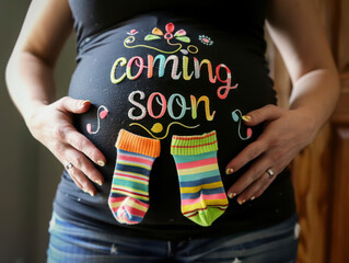 Pregnant woman with coming soon shirt and baby socks anticipating new arrival of her child soon