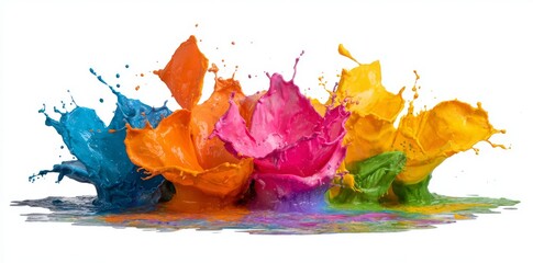 A multicolored and abstract liquid spill on a white background creates a visually striking rainbow effect