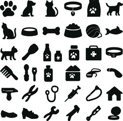 Black Silhouette Icons of Pets and Pet Supplies on White Background
