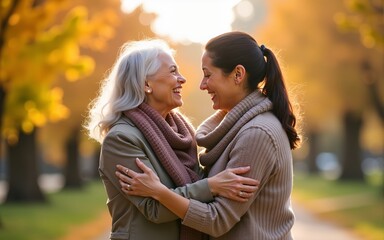 Fototapeta premium Grandmother and mother smiling at baby in autumn park. High quality