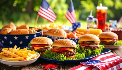Festive 4th of July Picnic Featuring Burgers, Fries and American Flags Display
