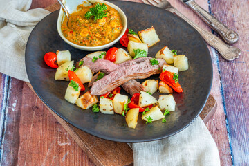 Lamb with smoky pepper sauce and saute potatoes