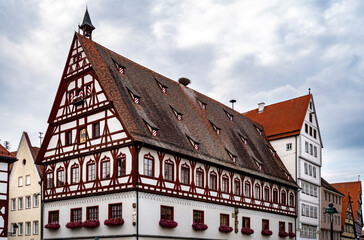 Charming Half-Timbered Building Under Cloudy Sky in Bayern, Germany