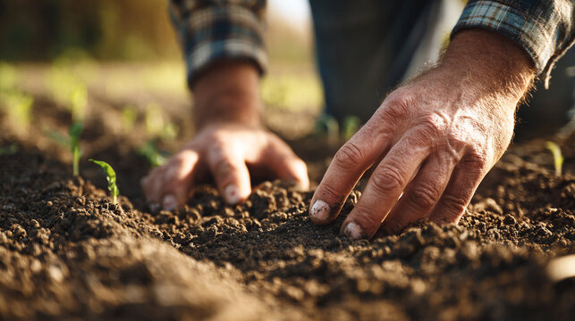 Close up of farmer's hands planting seedlings in soil in a field on a sunny day