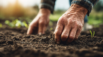Close up of wrinkled hands planting seedlings in dark soil on a sunny day outdoors