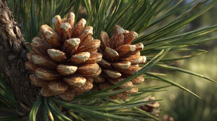 Fototapeta premium Close-up of a pine cone on a pine tree branch.