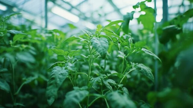 An indoor farm with plants growing in neat rows under bright lights, showcasing the vibrant green leaves of a variety of herbs. Vertical gardening concept.