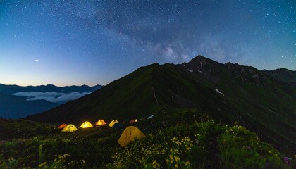 Starry Night Mountain Campsite – Scenic Night Landscape with Glowing Tents under Star-Filled Sky, Peaceful Outdoor Nature Scene with Mountains and Clear Night Sky
