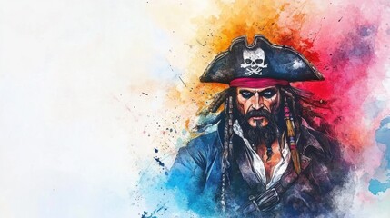Colorful pirate portrait with skull hat and beard in watercolor style. International Talk Like a Pirate Day