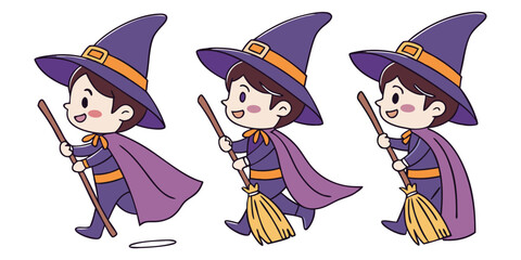 A cute cartoon Halloween witch and her kid in costumes fly on a broomstick, surrounded by autumn magic