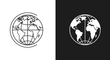 Obraz premium Earth Globe Outline Icon, World Map, Black and White Design