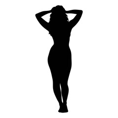Silhouette of woman posing with hands behind head black and white full body image design