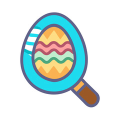 Cartoon magnifying glass with Easter egg inside on white background