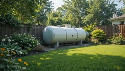 Large Metal Tank in a Lush Backyard Setting