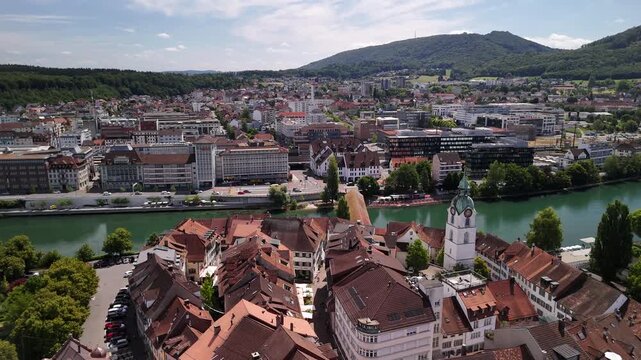 Aare river Olten old town city square Switzerland aerial drone Europe Solothurn canton
