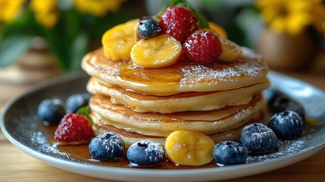 Delicious pancake stack with fresh fruit toppings and maple syrup. National Pancake Day