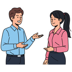 Smiling Man and Woman in Business Attire Engaging in Lively Conversation