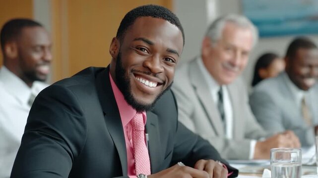 Confident Leader in a Meeting: A charismatic black professional, exuding confidence and charisma, leads a meeting of diverse professionals. The scene captures a moment of focused collaboration.