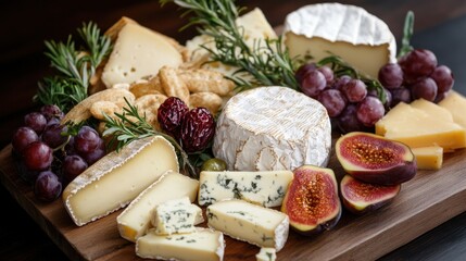 Assorted cheese and fruit platter with grapes, figs, and crackers