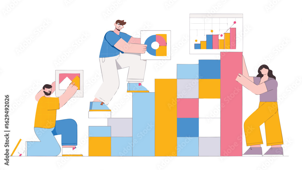 Poster people collaborating to build bar chart with colorful blocks and data visualizations on white backgr