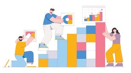 Fototapeta premium People collaborating to build bar chart with colorful blocks and data visualizations on white background