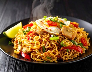 Fototapeta premium Hot and Steamy Mie Goreng with Chili and Fried Egg