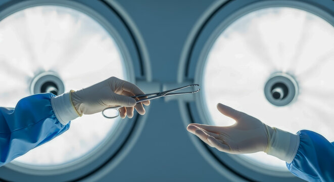 A surgeon's gloved hand passes surgical forceps to another hand under bright operating room lights surgery medical operation hospital healthcare instrument